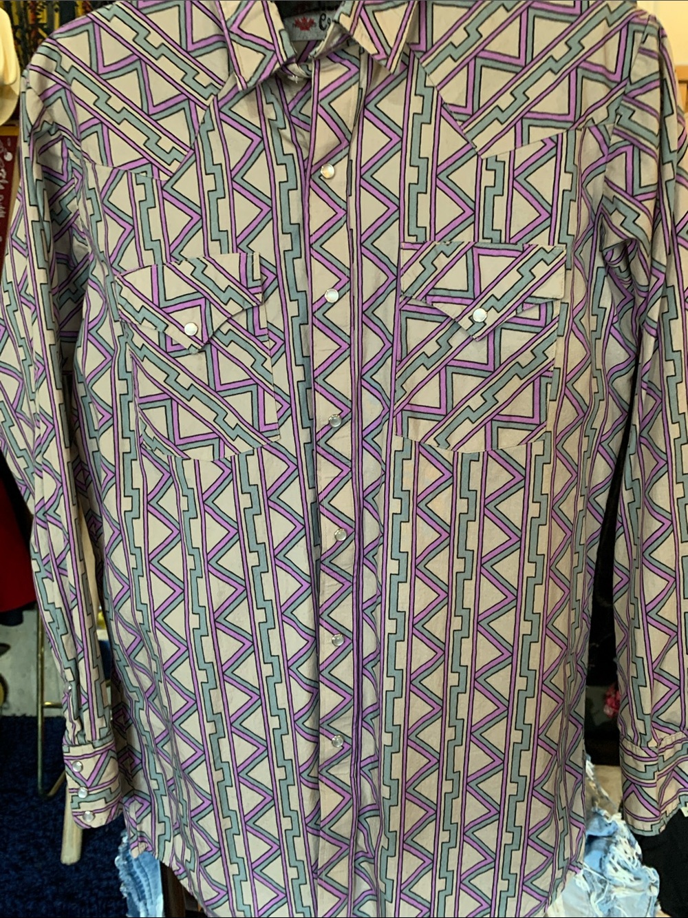 Men's Geometric Print Western Shirt in Purple and turquoise with Pearlsnaps